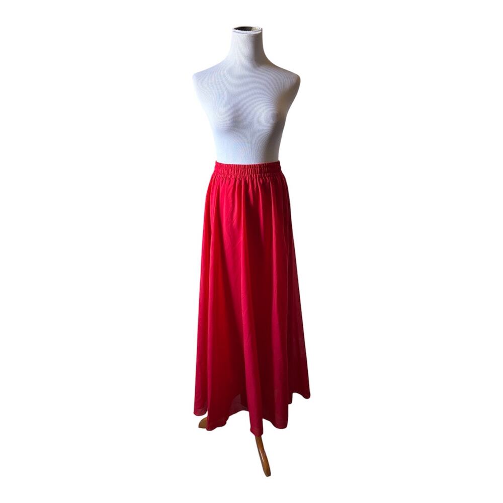 Afibi Red Lined Pleated Chiffon Pull On Elastic Waist Maxi Skirt Sz M Beach - Picture 2 of 3